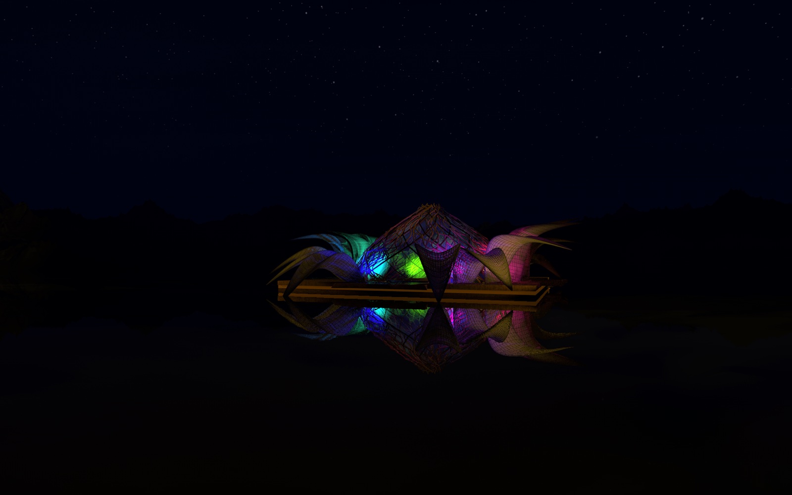 A faceted zome structure at night, its geometric panels glowing with projection-mapped fire visuals