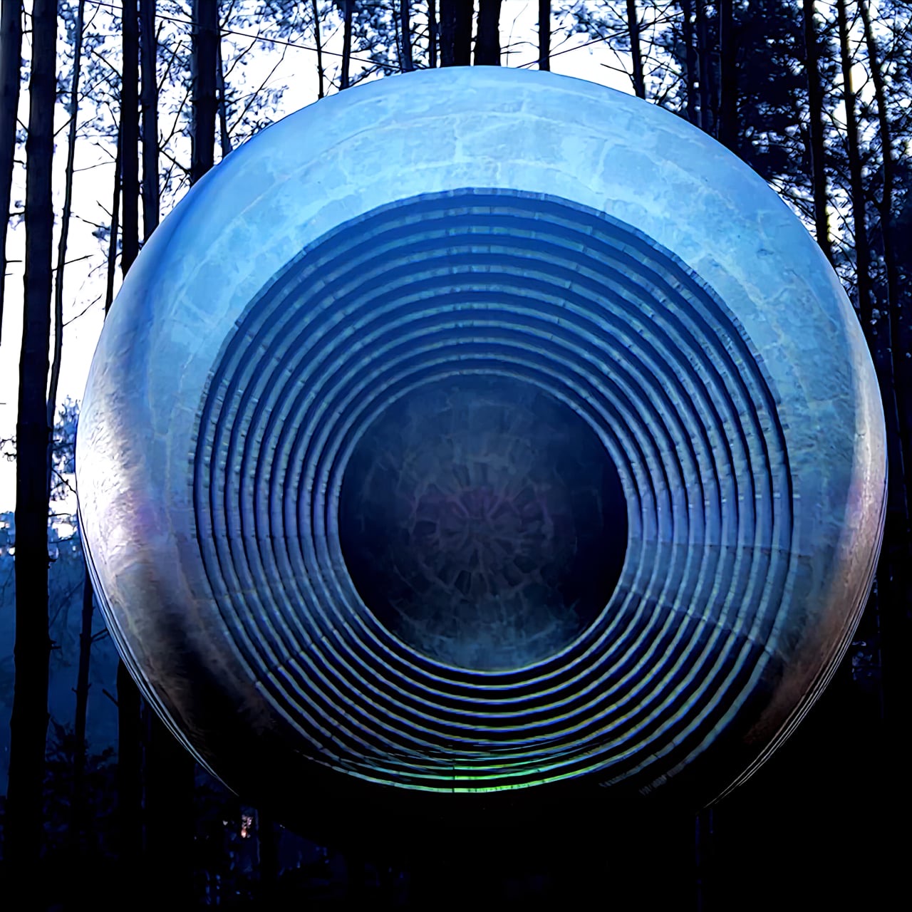 A large sphere standing among trees, covered in a concentric blue projection mapping at Garbicz Festival