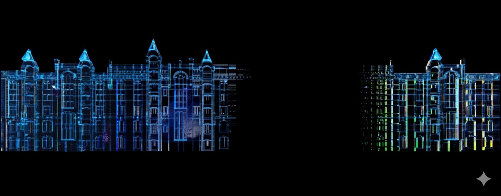 The long red-brick warehouse row of Hamburg’s Speicherstadt rendered in a panoramic projection mapping